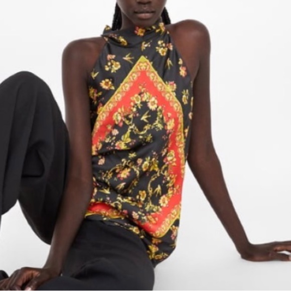 Zara printed black gold orange satin flowy halter summer date night top. Size XS - Picture 1 of 4